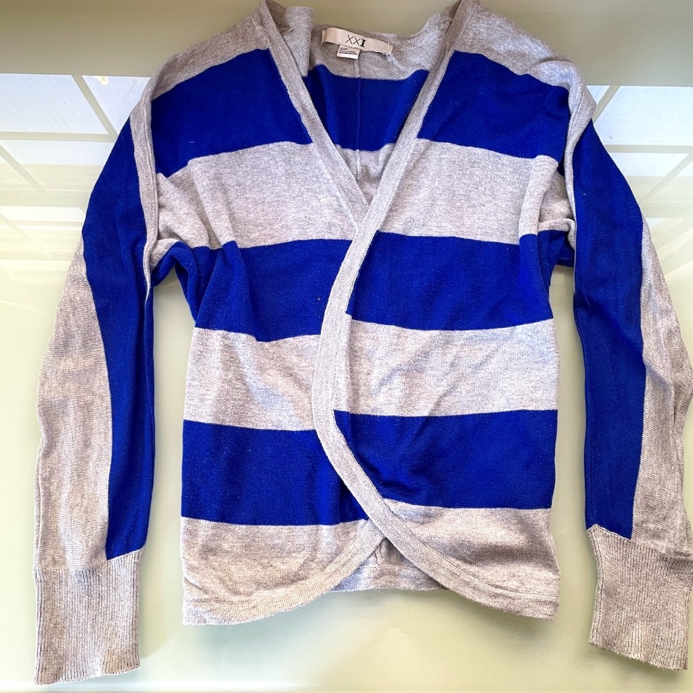 XXI Gray Blue STRIPE Cotton BAT Sleeve OPEN Front CARDIGAN Sweater S SMALL